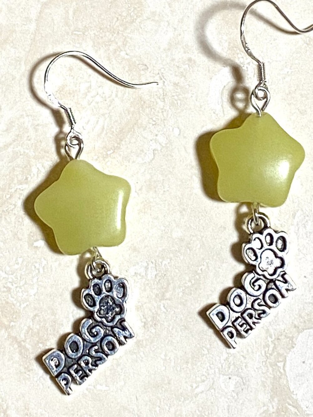2/$20, Lemon Jade (Serpentine) Dog Person Earrings, Gemstone Star & Silver Hooks